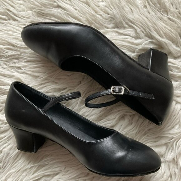 Very Fine Black Leather Ballroom Salsa Latin Dance Shoe High Heels EUC Size 8.5 - Picture 1 of 9